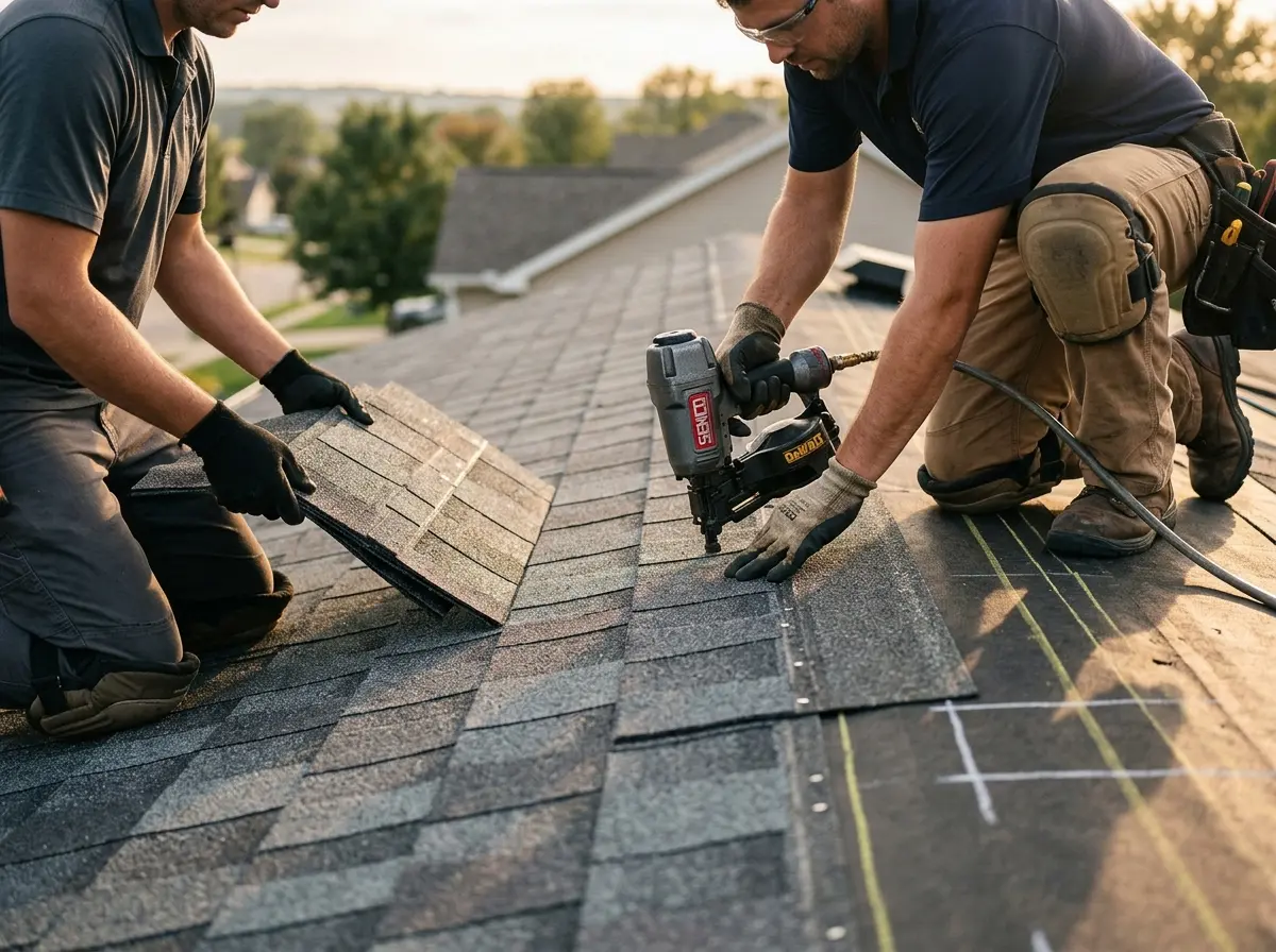 Professional roofer working on a residential roof in West New York